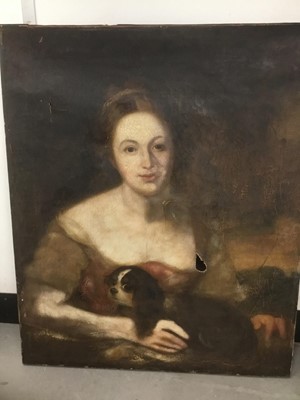 Lot 131 - 19th century oil on canvas, Lady with King Charles spaniel