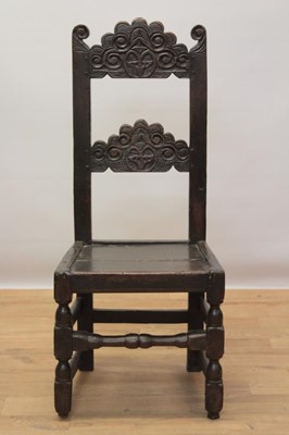 Lot 732 - 17th century oak Derbyshire back stool