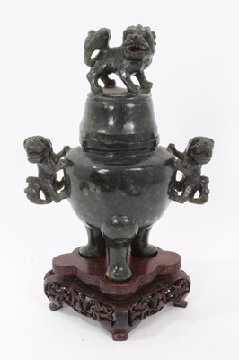 Lot 287 - Chinese green spinach jade/hardstone censor on hardwood stand