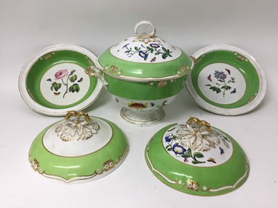 Lot 83 - Large early 19th century Derby porcelain botanical tureen and cover with finely painted polychrome botanical sprays on  apple green ground, together with two similar tureen and covers