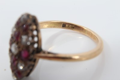 Lot 85 - Victorian 18ct gold ruby and diamond marquise shape cluster ring
