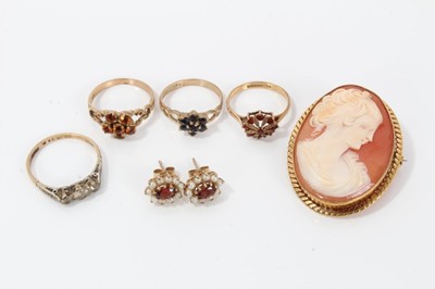 Lot 88 - Four 9ct gold gem set rings, cameo brooch and pair earrings