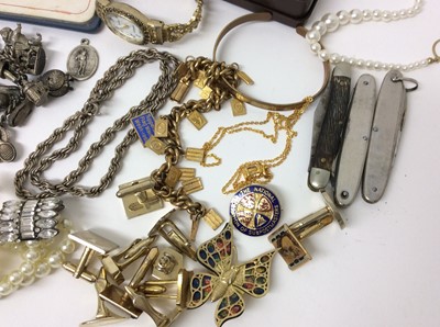 Lot 116 - Victorian silver hinged bangle, silver charm bracelet and costume jewellery, miscellaneous coins and banknotes