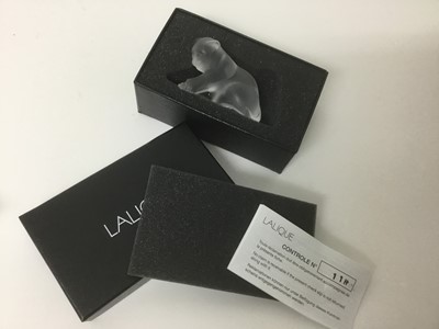 Lot 48 - Modern Lalique cat frosted glass paperweight, boxed, together with another (without box)