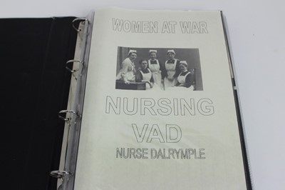 Lot 1056 - WW1 British VAD Nurse Dalrymple memorabilia in album including photographs, Christmas cards and programmes, Military postcards, Group photograph British Empire Leave Club Cologne, demob paper etc.