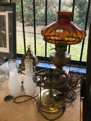 Lot 73 - Group of hanging and other oil lamps with shades