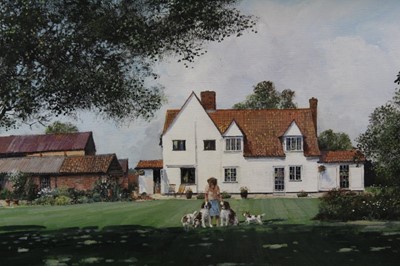 Lot 1101 - *Clive Madgwick, acrylic on canvas, figure and dogs before a farmhouse