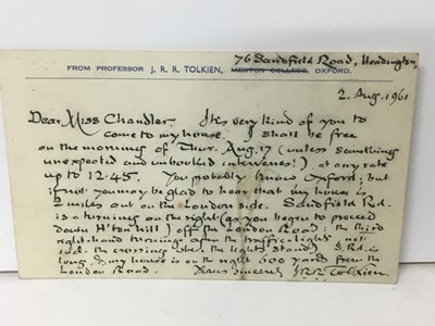 Lot 1457 - J. R. R. Tolkien (1892-1973) handwritten postcard to his official photographer Pamela Chandler dated 2. Augt. 1961: Dear Miss Chandler. It's very kind of you to come to my house. I shall be free on...