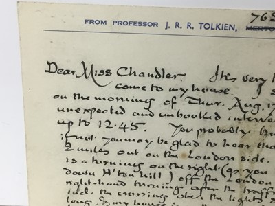 Lot 1457 - J. R. R. Tolkien (1892-1973) handwritten postcard to his official photographer Pamela Chandler dated 2. Augt. 1961: Dear Miss Chandler. It's very kind of you to come to my house. I shall be free on...