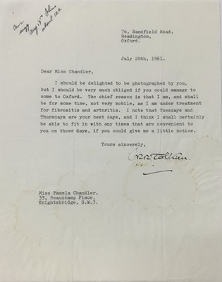 Lot 1456 - J. R. R. Tolkien (1892-1973) hand signed, typed letter to his official photographer Pamela Chandler, dated July 28th, 1961: Dear Miss Chandler,  I should be delighted to be photographed by you, but...