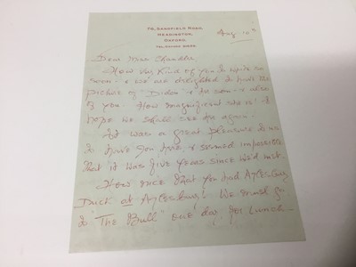 Lot 1461 - Edith Tolkien (1889-1971) a hand written double-sided letter by the wife of J. R. R. Tolkien to his official photographer Pamela Chandler, dated Aug 10th (probably 1966): Dear Miss Chandler, How ve...