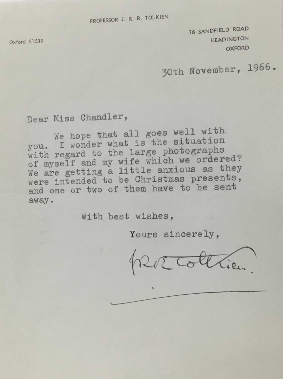 Lot 1463 - J. R. R. Tolkien (1892-1973) a hand signed typed letter by J. R. R. Tolkien to his official photographer Pamela Chandler, dated 30th November 1966: We hope that all goes well with you....
