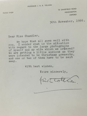 Lot 1463 - J. R. R. Tolkien (1892-1973) a hand signed typed letter by J. R. R. Tolkien to his official photographer Pamela Chandler, dated 30th November 1966: We hope that all goes well with you....