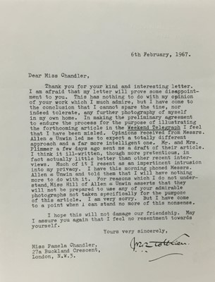 Lot 1465 - J. R. R. Tolkien (1892-1973) a hand signed typed letter to his official photographer Pamela Chandler, dated 6th February 1967: Dear Mrs Chandler, Thank you for your kind and interesting letter, I a...
