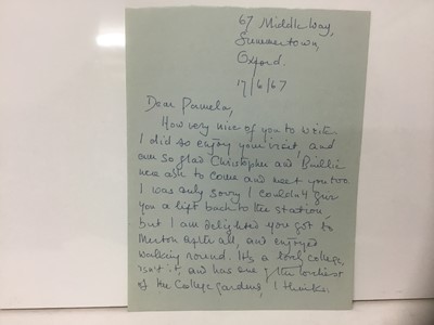 Lot 1467 - Priscilla Tolkien (b. 1929) two handwritten letters from J. R. R. Tolkien's daughter to her father's official photographer Pamela Chandler, dated 5/6/67, 17/6/67. (2)