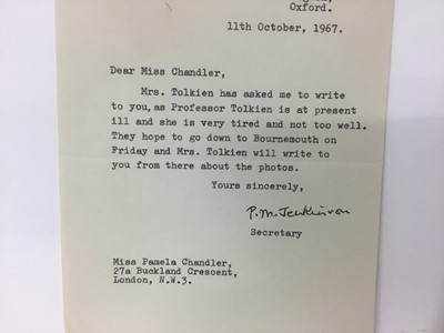 Lot 1468 - Hand signed letter from P. M. Jenkinson, private secretary to J. R. R. Tolkien to his official photographer Pamela Chandler, dated 11th October 1967: Dear Mrs Chandler, Mrs. Tolkien has asked me to...