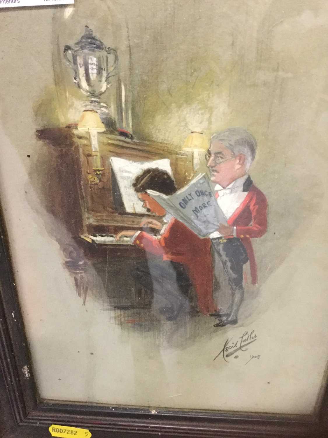 Lot 24 - Cecil Cutler Edwardian watercolour study, soldiers by piano signed and dated 1905
