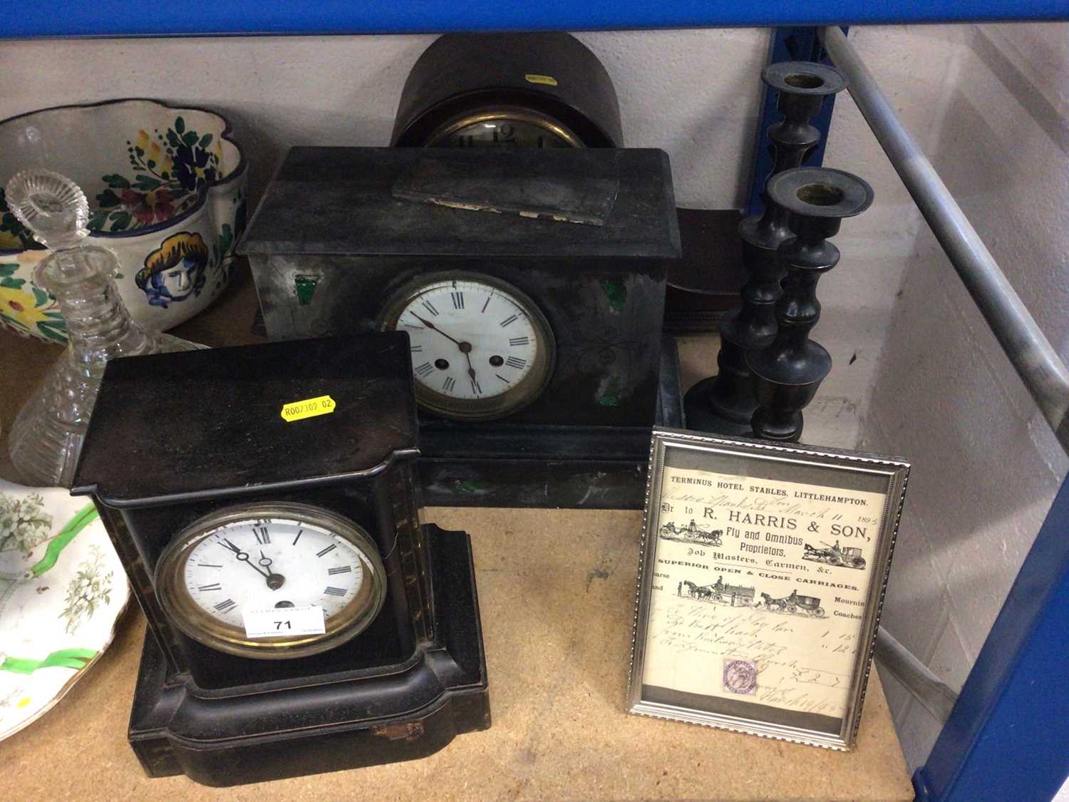 Lot 71 - Victorian mantel clock in black slate and malachite case, one other Victorian timepiece together with a 1930s mantel clock
