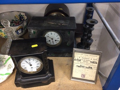 Lot 71 - Victorian mantel clock in black slate and malachite case, one other Victorian timepiece together with a 1930s mantel clock