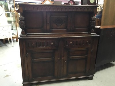 Lot 850 - Oak court cupboard with baluster supports , two drawers and two panelled doors below 136cm wide