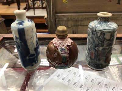 Lot 479 - 19th century Chinese blue and snuff bottle and two other Chinese porcelain snuff bottles