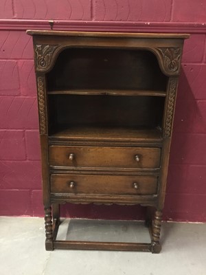 Lot 852 - Good quality carved oak Carolean revival open cupboard with two drawers below on bobbin turned legs joined by stretchers 76 cm wide, 129 cm high, 33.5cm deep