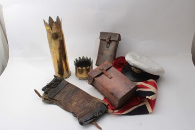 Lot 224 - First World War brass Trench Art Vase marked Ostend, together with another and other items including a Naval hat, flags and leather map cases