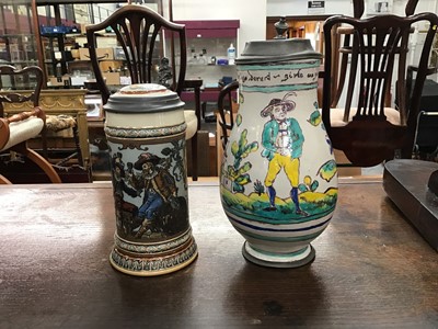 Lot 92 - 18th/19th century German painted flagon and a Mettlach stein
