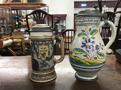 Lot 92 - 18th/19th century German painted flagon and a Mettlach stein