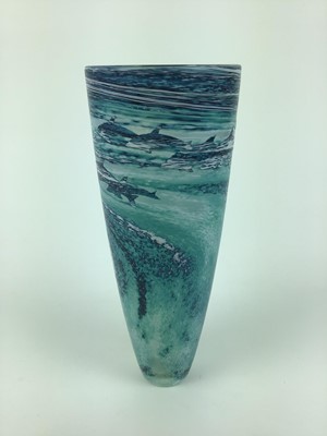 Lot 29 - Malcolm Sutcliffe blue art glass vase, decorated with dolphins