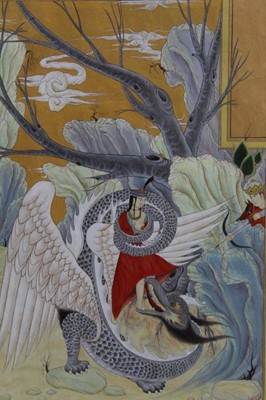 Lot 105 - Uzbek watercolour and gouache - figures and a dragon