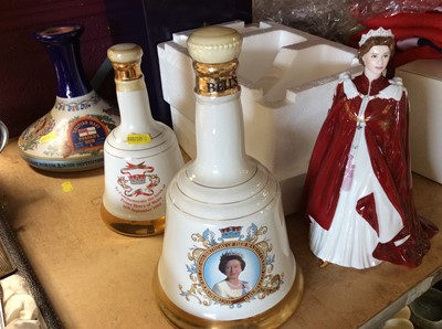 Lot 403 - Royal Worcester figure the Queens 80th Birthday 2006, boxed as new and three Royal Commemorative ceramic bell decanters