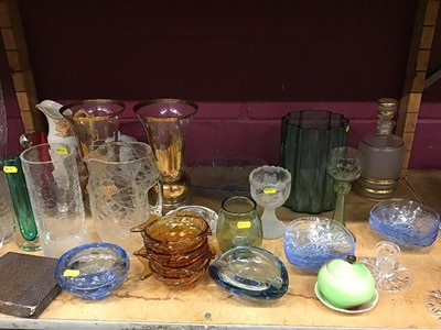 Lot 547 - Geoffrey Baxter for Whitefriars - two glass vases, Whitefriars bubble glass dishes, Alfred Hammond for Thomas Webb water jug and glasses and other glass