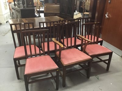 Lot 859 - Set seven 1950s oak dining chairs and oak drawleaf dining table