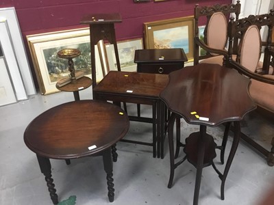 Lot 860 - Nest mahogany tables, smokers stand, two occasional tables, plant stand and bedside cabinet. (6)