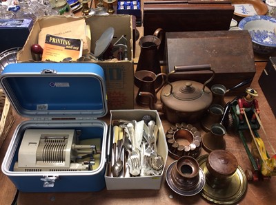 Lot 443 - Wooden stationery cabinet, copper ware, plated cutlery, wooden toy and sundries