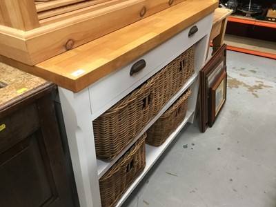 Lot 915 - Kitchen sideboard with butcher's block-style top and wicker basket drawers below