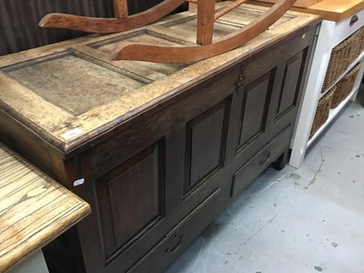 Lot 916 - Antique panelled oak mule chest with panelled hinged lid, fielded panelled front and two drawers below