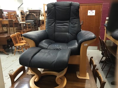 Lot 964 - Stressless navy leather reclining armchair and matching sofa and footstool