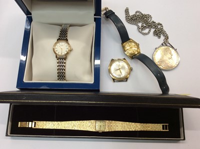 Lot 656 - Ladies Rotary wristwatch in box, three other watches and Marie Theresia dollar on chain