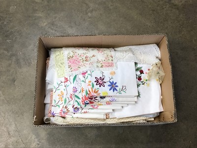 Lot 226 - Box of new Thai silk cushion covers, box of lace curtains, and a further box of tablecloths and embroideries