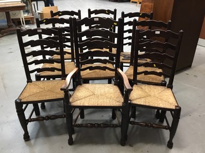 Lot 851 - Set of nine antique -style ladder back chairs with rush seats