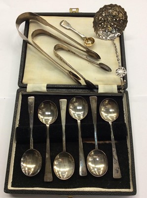 Lot 697 - Set six silver teaspoons, three pairs silver sugar tongs and other silver