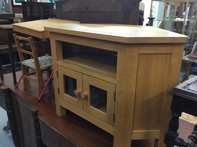 Lot 878 - Pine television stand , childs desk with chair and needlework box