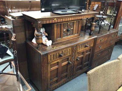 Lot 879 - 1950s carved oak court cupboard with baluster supports 122 cm wide