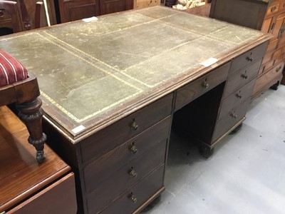 Lot 887 - 19th century oak partners desk with leather lined top and 18 drawers with brass knob handles raised on bun feet 156 cm wide, 104cm deep, 83 cm high