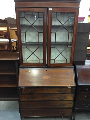 Lot 889 - Edwardian inlaid mahogany bureau bookcase with two glazed doors above fall flap and four long drawers below 90 cm wide, 198 cm high