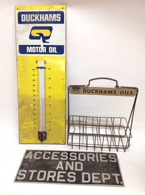 Lot 1205 - Duckhams motor oil thermometer, oil crate, and stores sign (3)