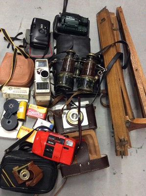 Lot 497 - Vintage cameras, binoculars, old oak tripod and accessories