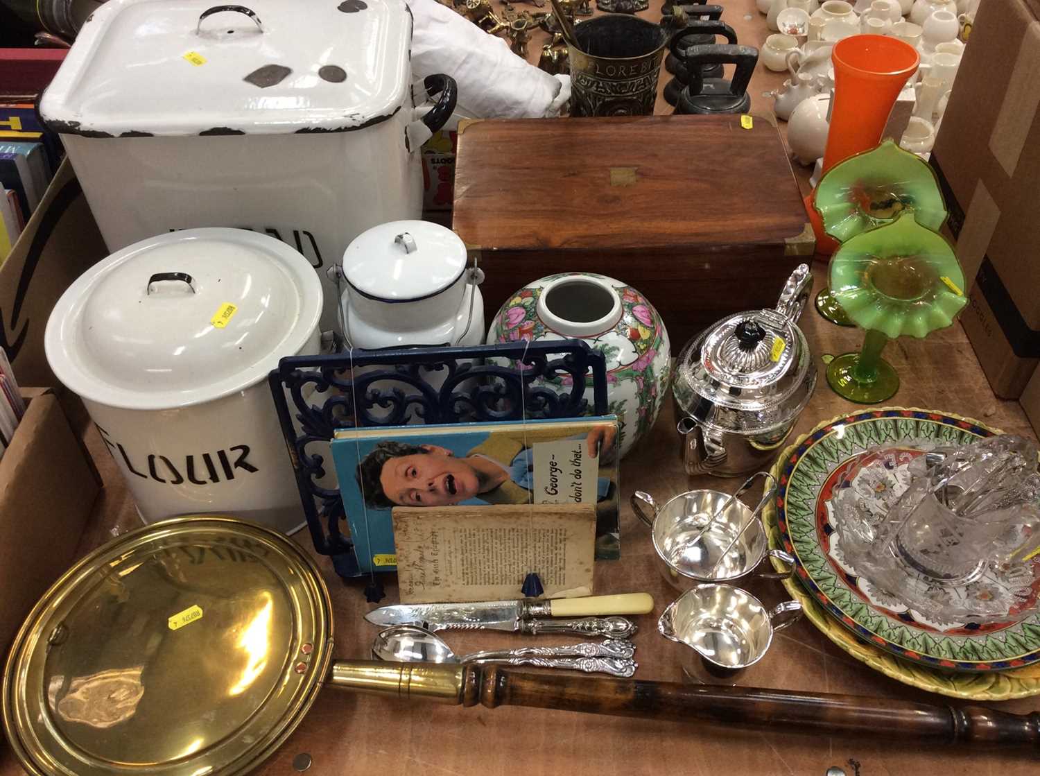 Lot 460 - Vintage enamel kitchen ware, Victorian writing slope, ceramics, glass and sundries